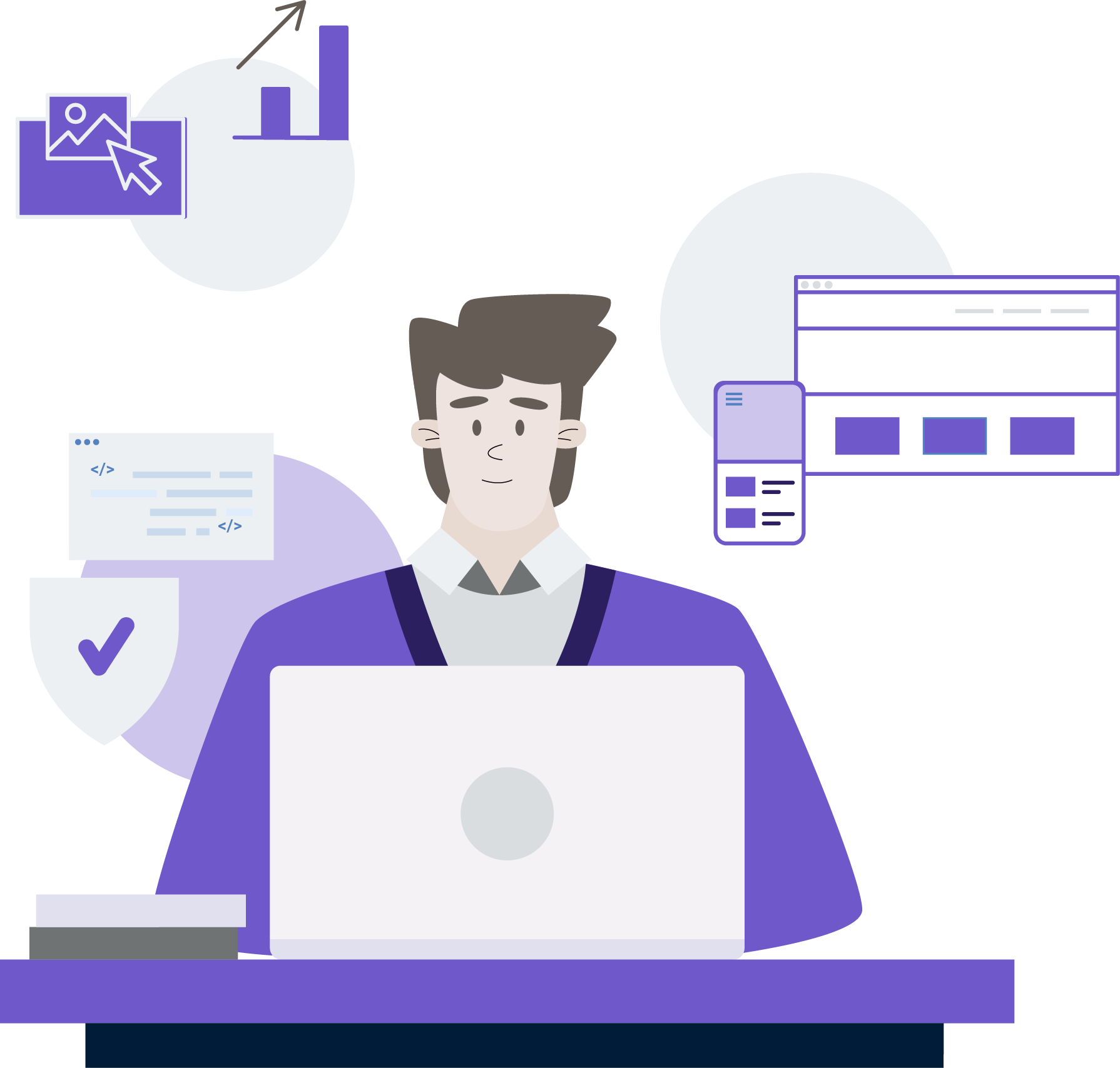 Illustration of a person seated at a desk with a laptop. Surrounding them are icons representing graphs, web pages, and a smartphone, indicating data analysis and web development. The person wears a purple jacket, and there's a stack of books beside the laptop. Background features circular elements.