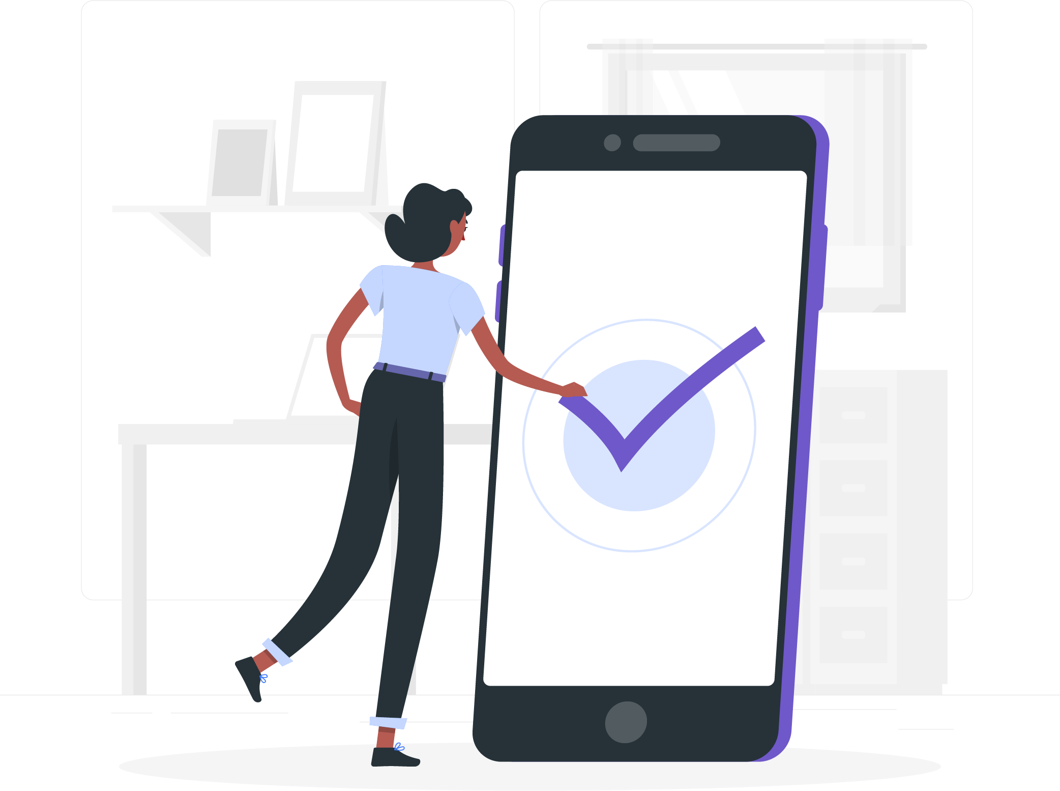 Illustration of a person with dark hair and a light blue shirt interacting with a giant smartphone screen displaying a large checkmark. The background has a desk with shelves and a window. The scene conveys a sense of achievement or task completion.